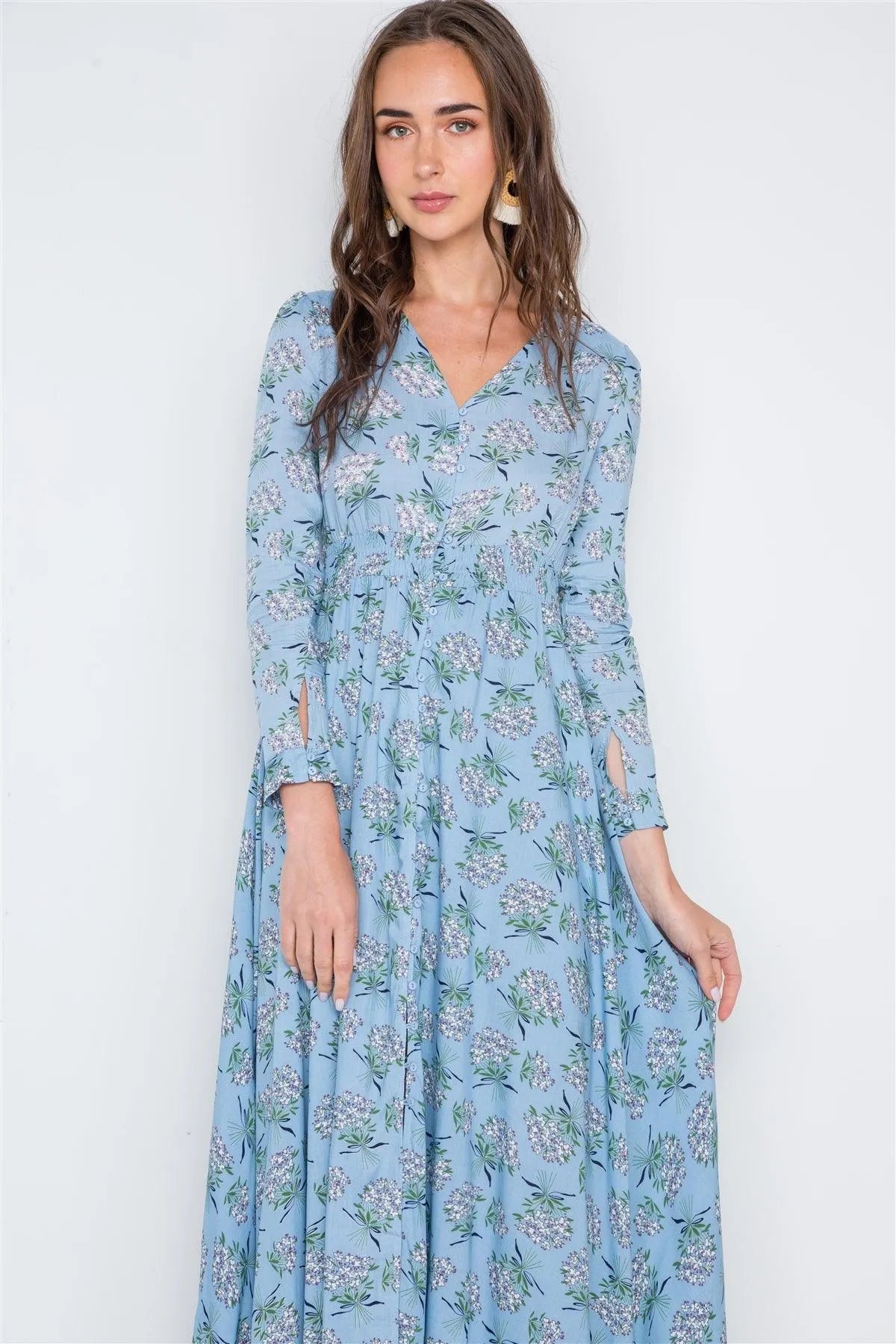 Light Blue Floral Button Down Long Sleeve Maxi Dress /2-2-2 - Tasha Apparel Wholesale