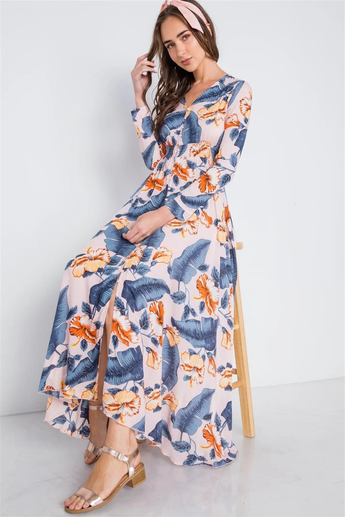 Pink Floral Button Down Long Sleeve Maxi Dress /2-2-2 - Tasha Apparel Wholesale