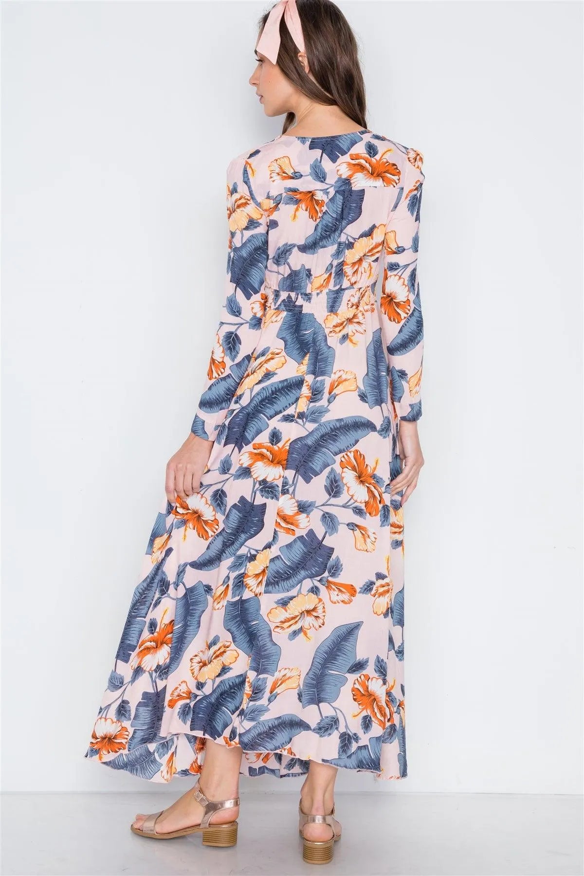 Pink Floral Button Down Long Sleeve Maxi Dress /2-2-2 - Tasha Apparel Wholesale