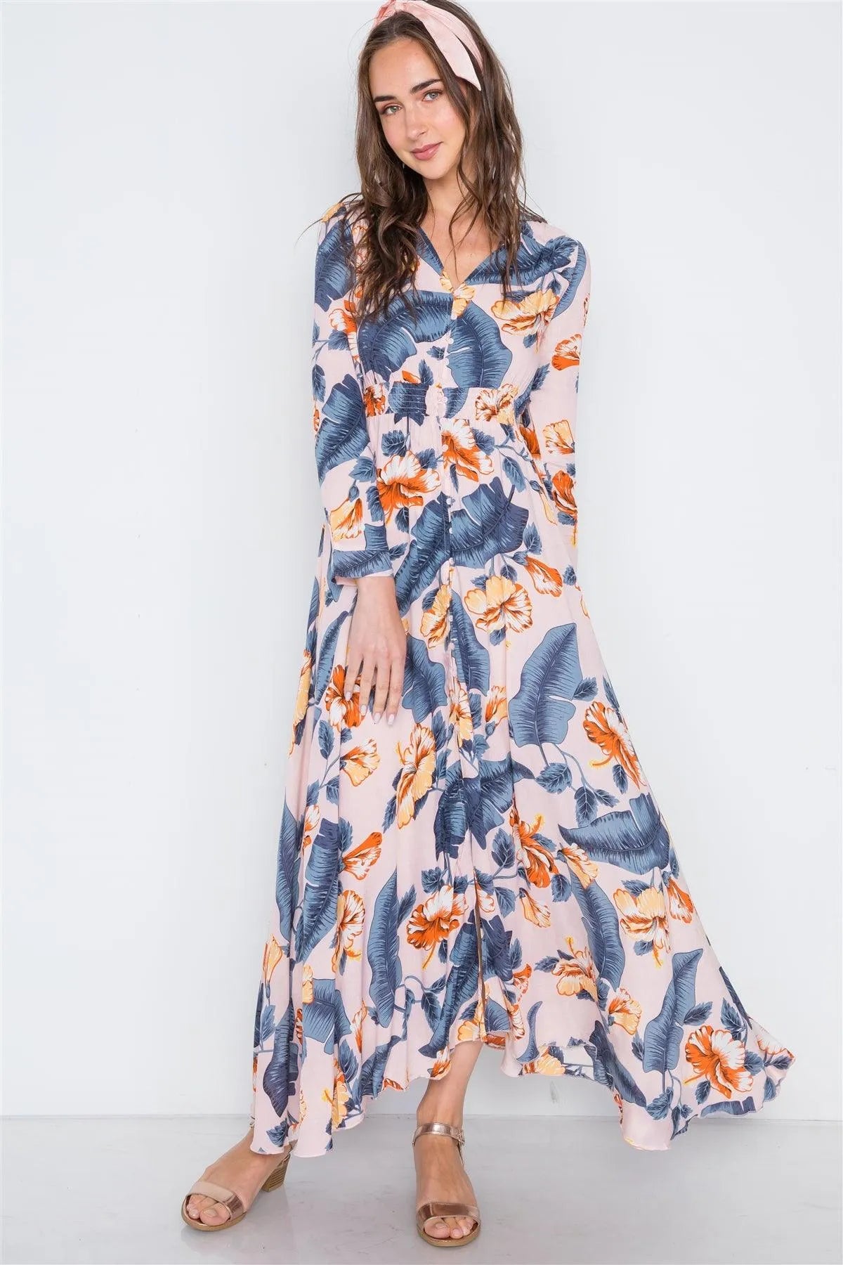 Pink Floral Button Down Long Sleeve Maxi Dress /2-2-2 - Tasha Apparel Wholesale