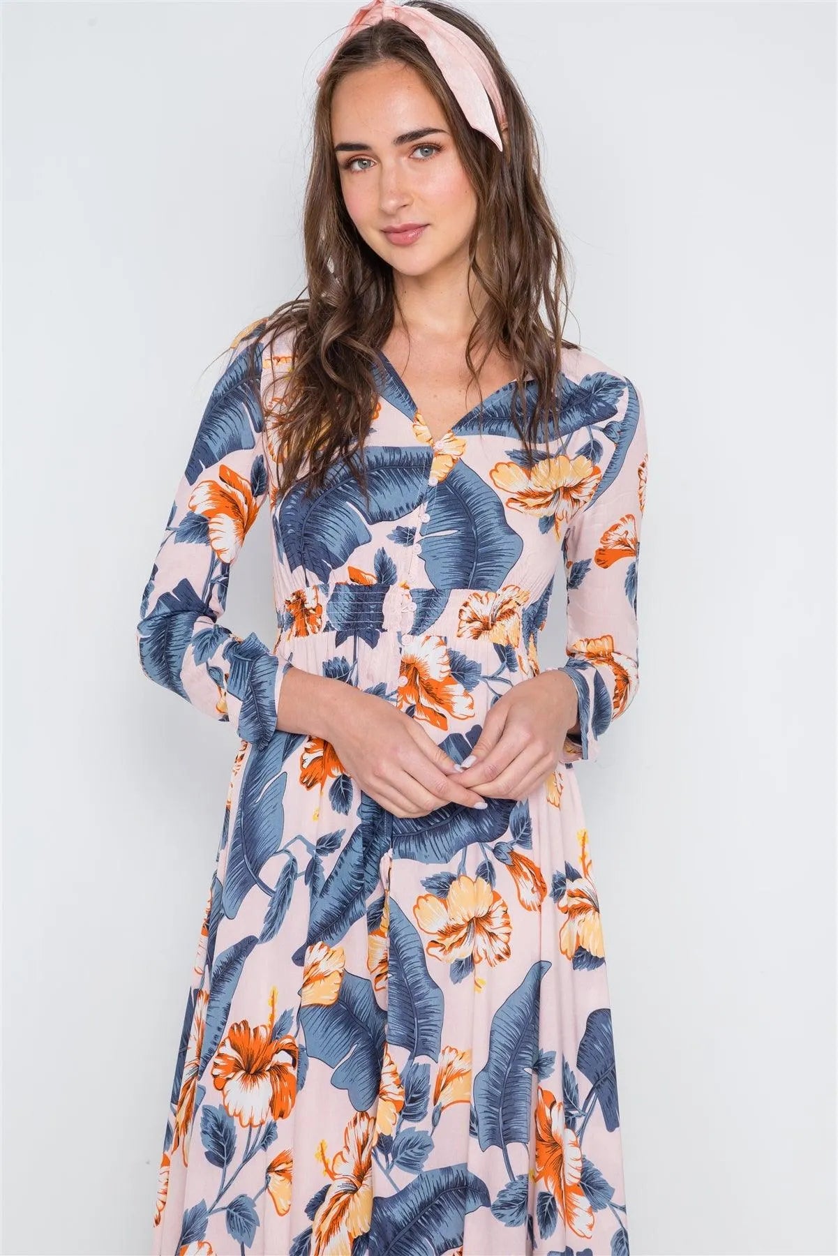 Pink Floral Button Down Long Sleeve Maxi Dress /2-2-2 - Tasha Apparel Wholesale