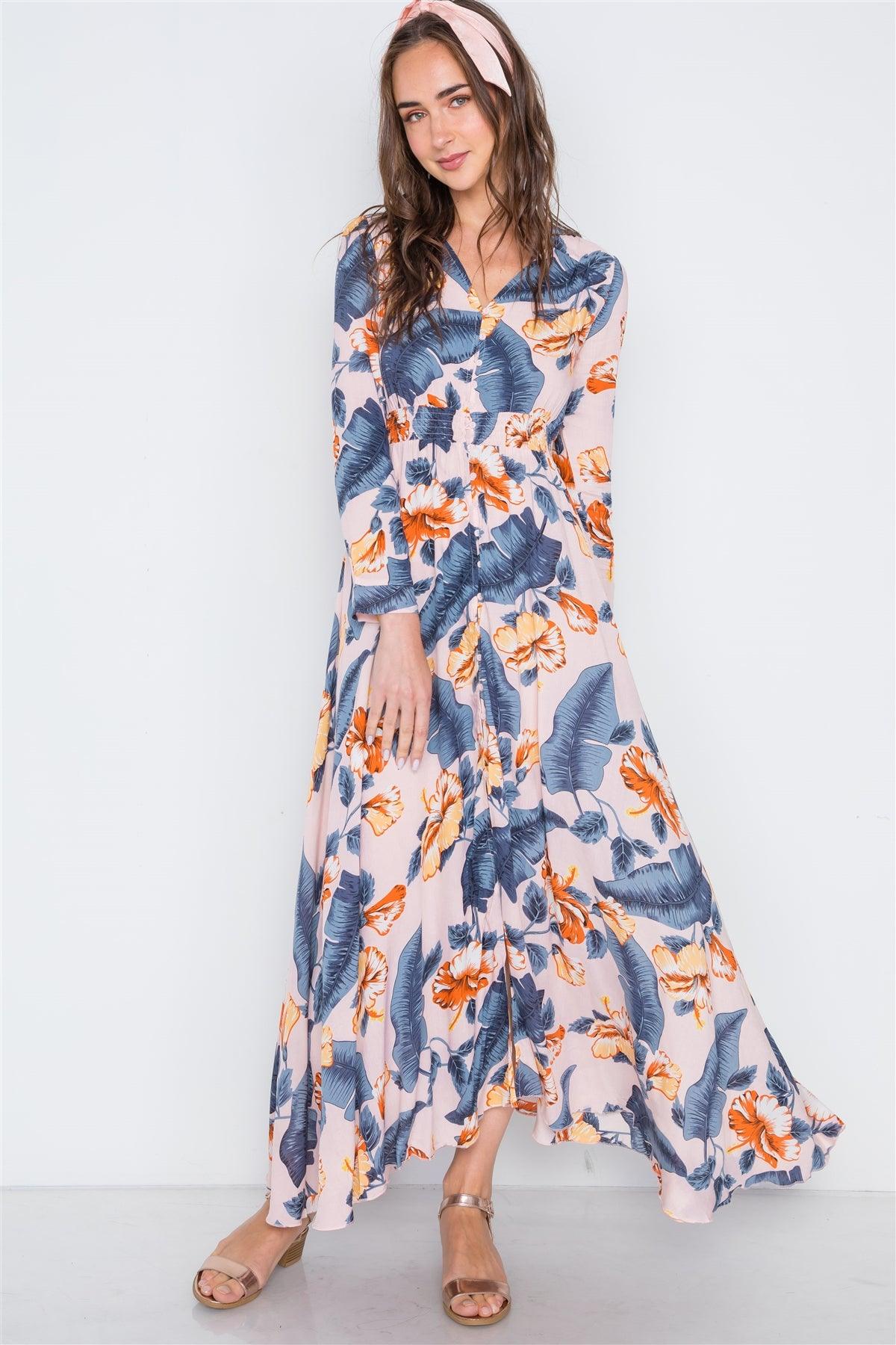Pink Floral Button Down Long Sleeve Maxi Dress