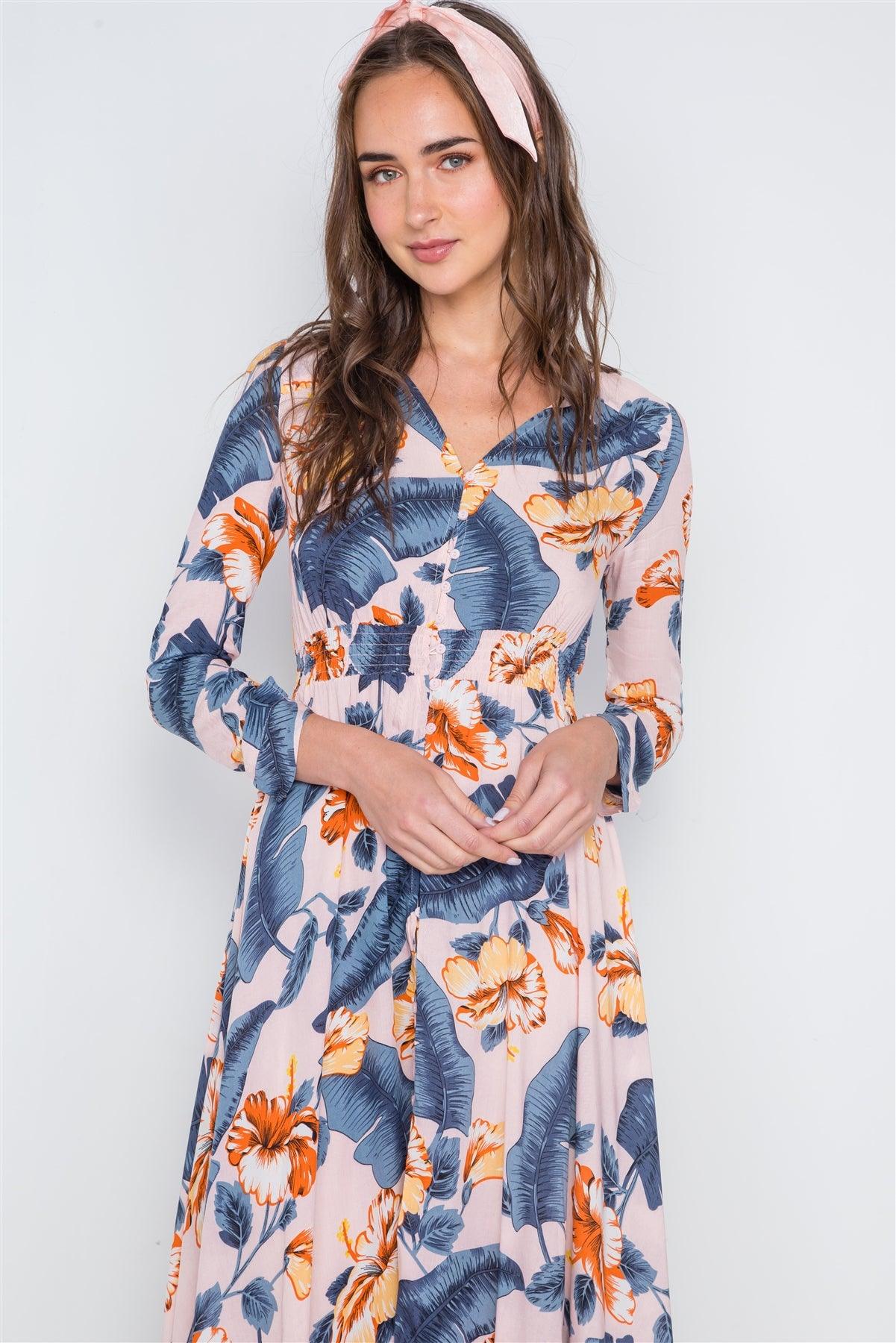 Pink Floral Button Down Long Sleeve Maxi Dress