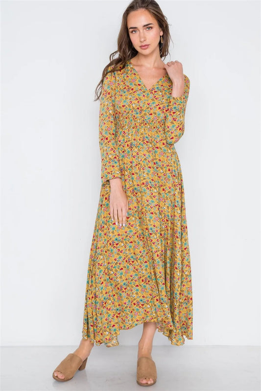 Yellow Floral Button Down Long Sleeve Maxi Dress /2-2-2 - Tasha Apparel Wholesale