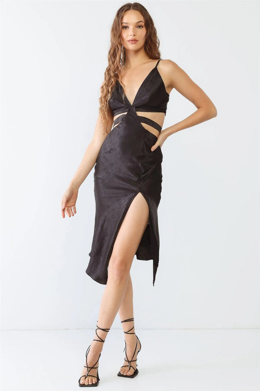 Black Printed Satin Cut-Out Detail V-Neck Self-Tie Side Slit Midi Dress /3-2-1 - Tasha Apparel Wholesale