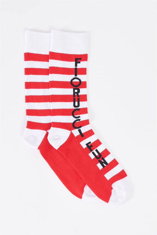 Fiorucci Fun White & Red Striped Mid Calf Printed Logo Detail Socks /3 Pairs
