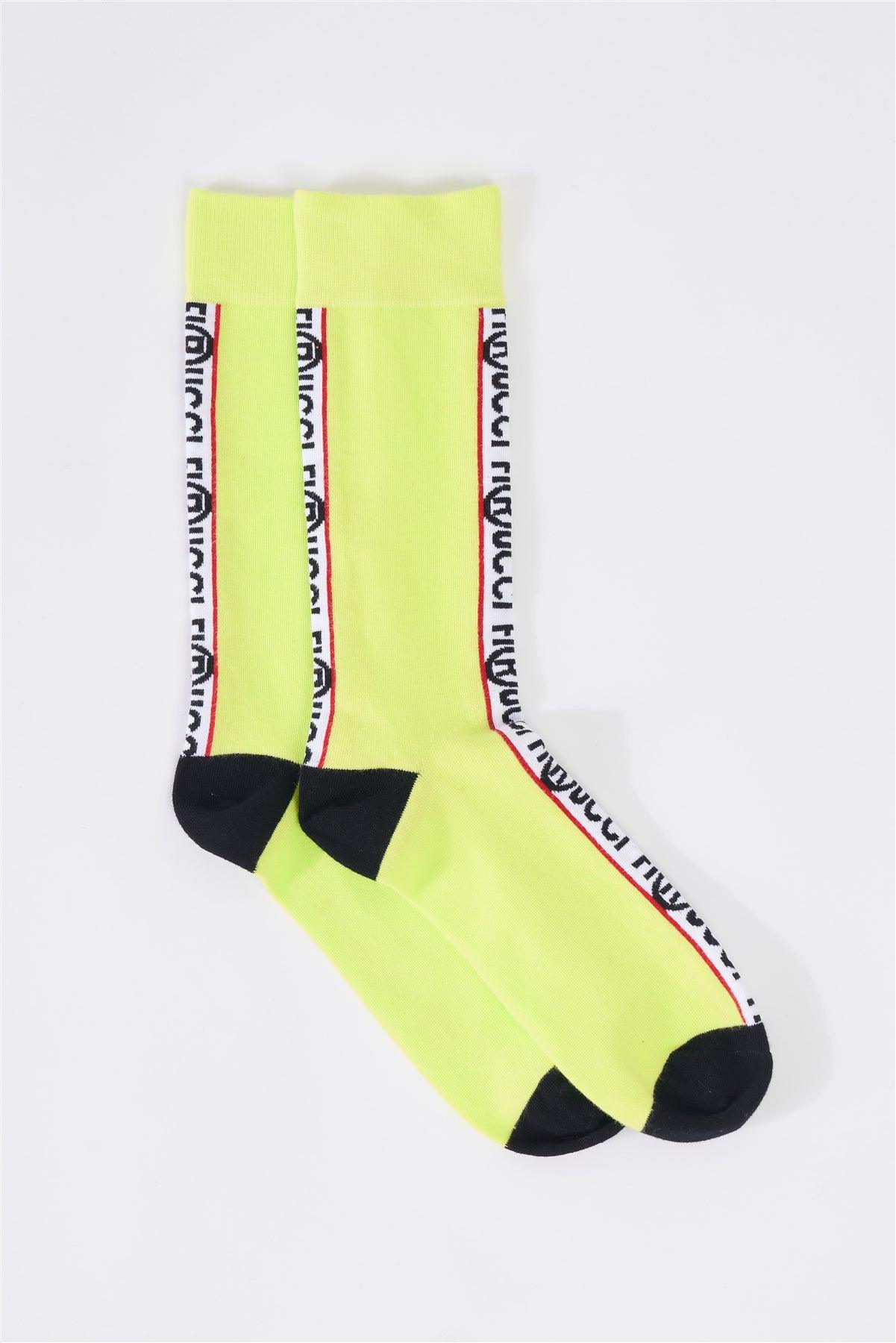 Fiorucci Fun Lime Green Mid Calf Logo Text Detail Socks /3 Pairs
