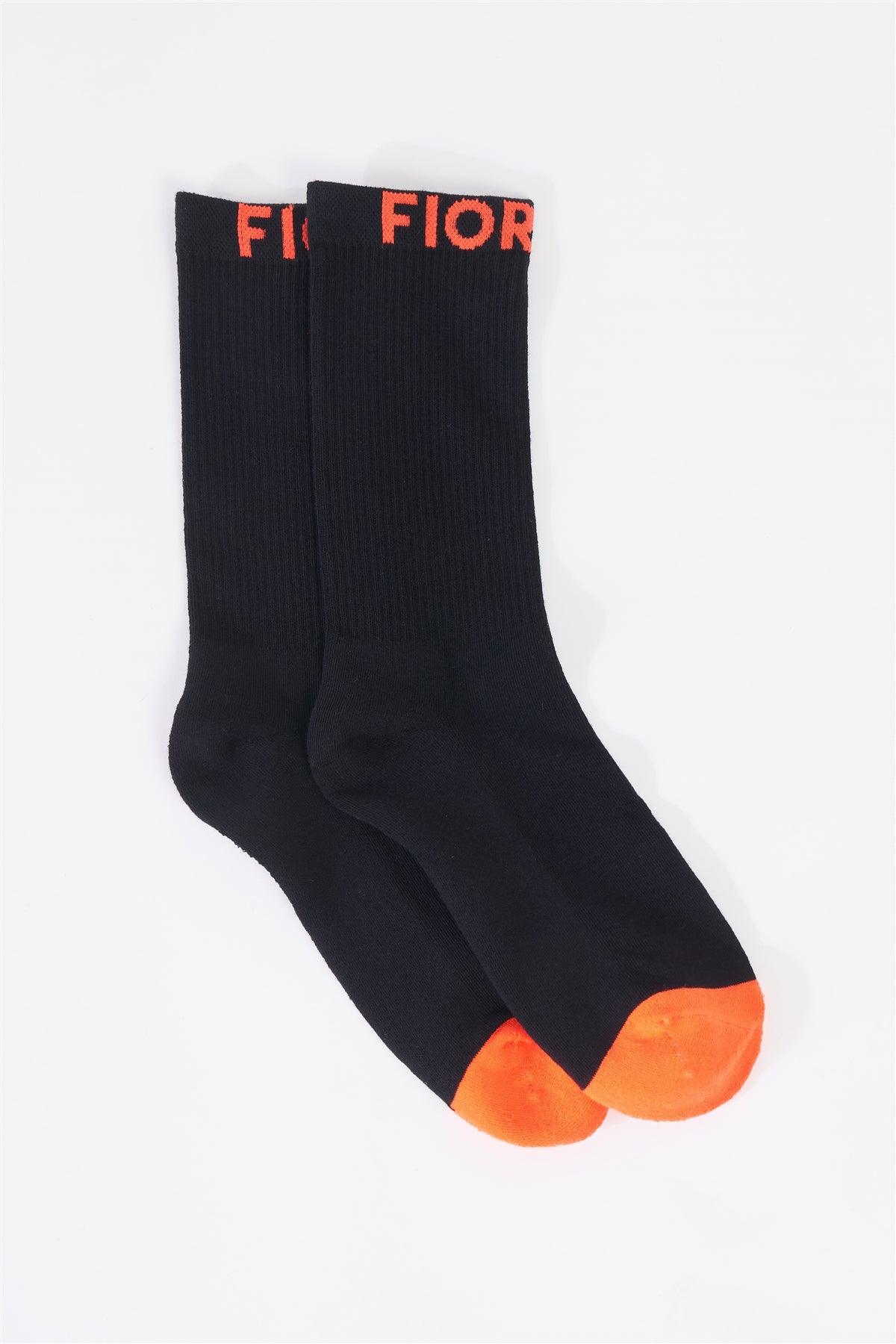 Fiorucci Fun Black & Orange Mid Calf Ribbed Printed Logo Detail Socks /3 Pairs