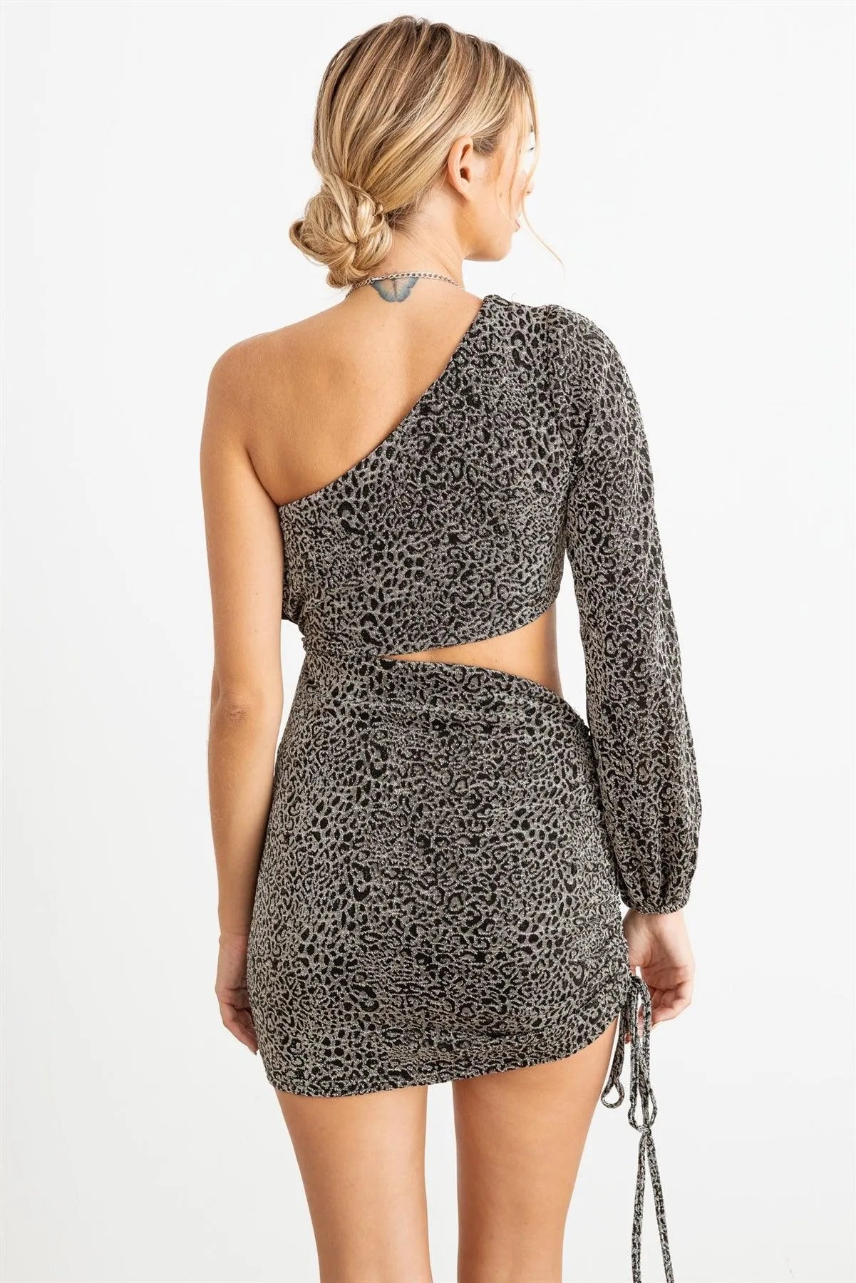 Animal Print One Shoulder Cut-Out Ruched Dress /2-2-2 - Tasha Apparel Wholesale