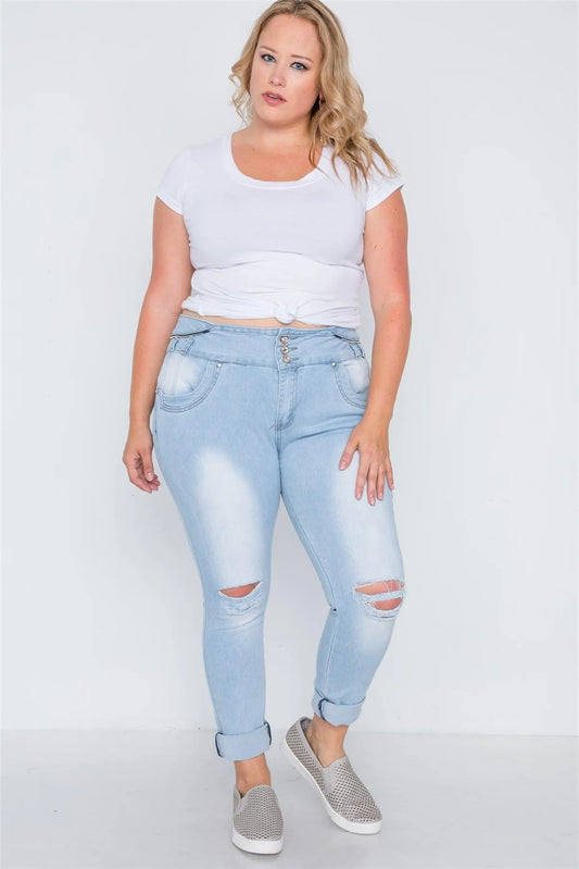 Junior Plus Size Light Denim Distresses Skinny Jeans - Tasha Apparel Wholesale