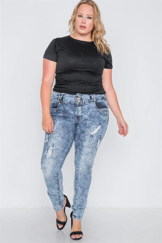 Plus Size Dark Denim Distressed Skinny Jeans /2-2-3-3-2 - Tasha Apparel Wholesale
