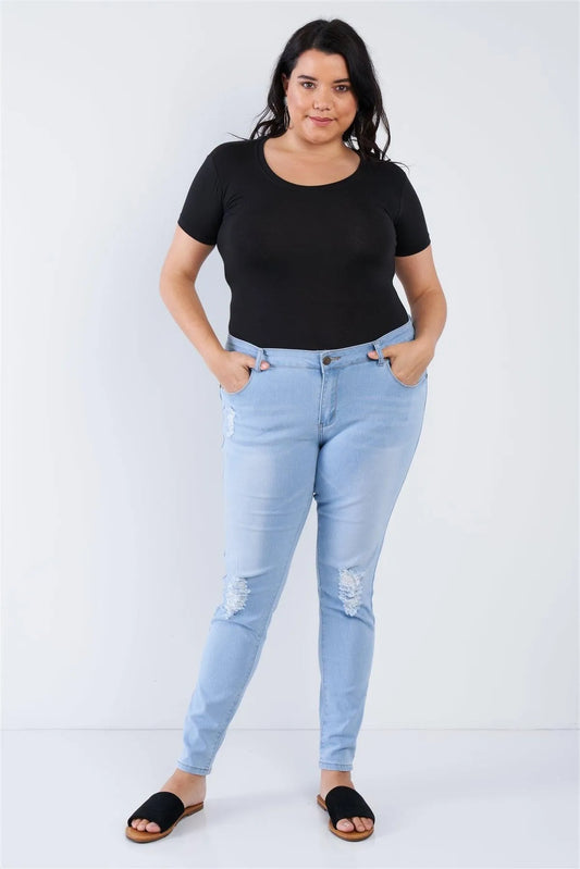 Junior Plus Size Light Blue Mid-Rise Distressed Denim Pants /1-2-3-3-2-1 - Tasha Apparel Wholesale