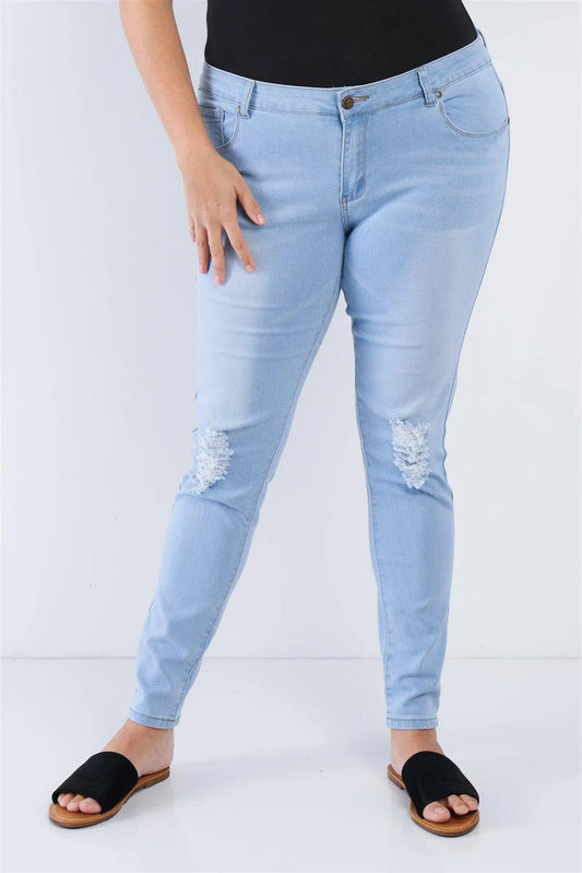 Junior Plus Size Light Blue Mid-Rise Distressed Denim Pants/1-1-3-4-2-1 - Tasha Apparel Wholesale