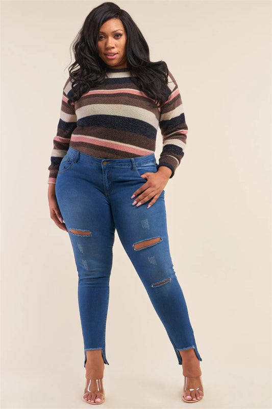 Plus Size Light Blue Low-Rise Ripped Denim Pants /1-2-3-3-2-1 - Tasha Apparel Wholesale