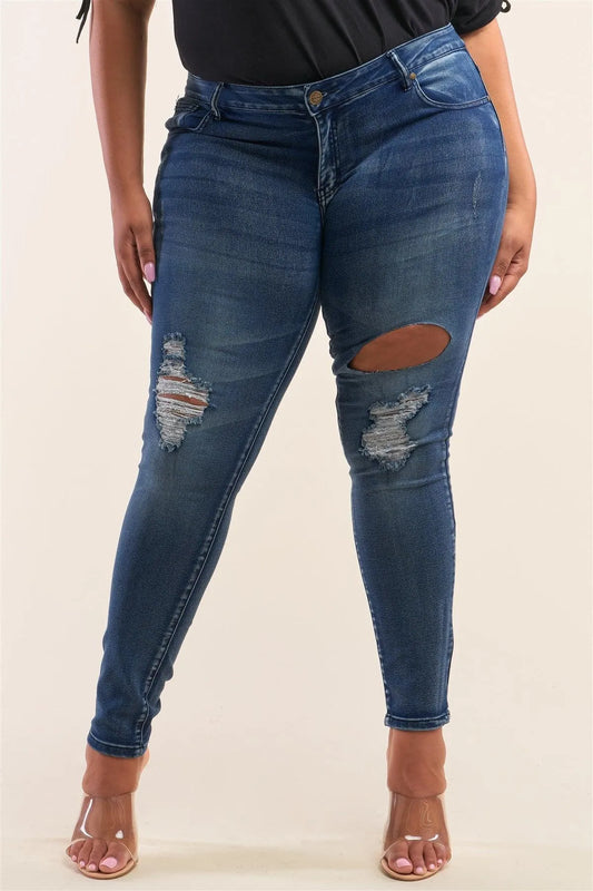 Plus Size Dark Blue Low-Rise Ripped Denim Pants /1-2-3-3-2-1 - Tasha Apparel Wholesale