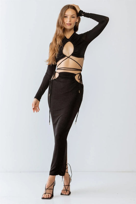 Black Self-Tie Maxi Skirt & Long Sleeve Cut-Out Crop Top Set /3-2-1 - Tasha Apparel Wholesale
