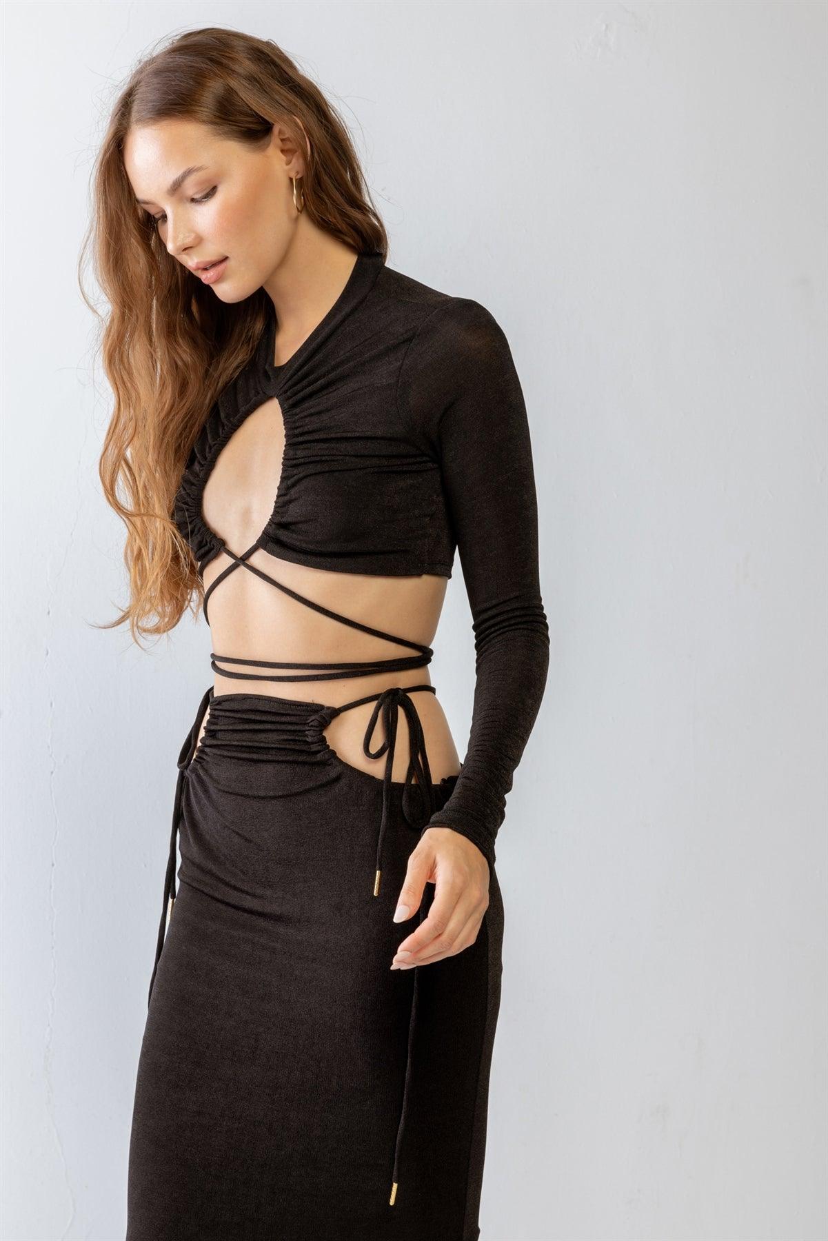 Black Self-Tie Maxi Skirt & Long Sleeve Cut-Out Crop Top Set /3-2-1
