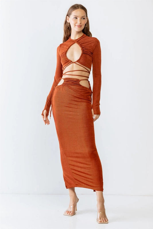 Rust Self-Tie Maxi Skirt & Long Sleeve Cut-Out Crop Top Set /3-2-1 - Tasha Apparel Wholesale