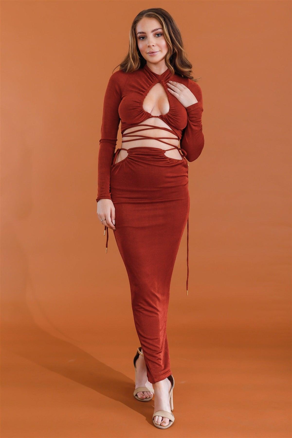 Rust Self-Tie Maxi Skirt & Long Sleeve Cut-Out Crop Top Set /3-2-1