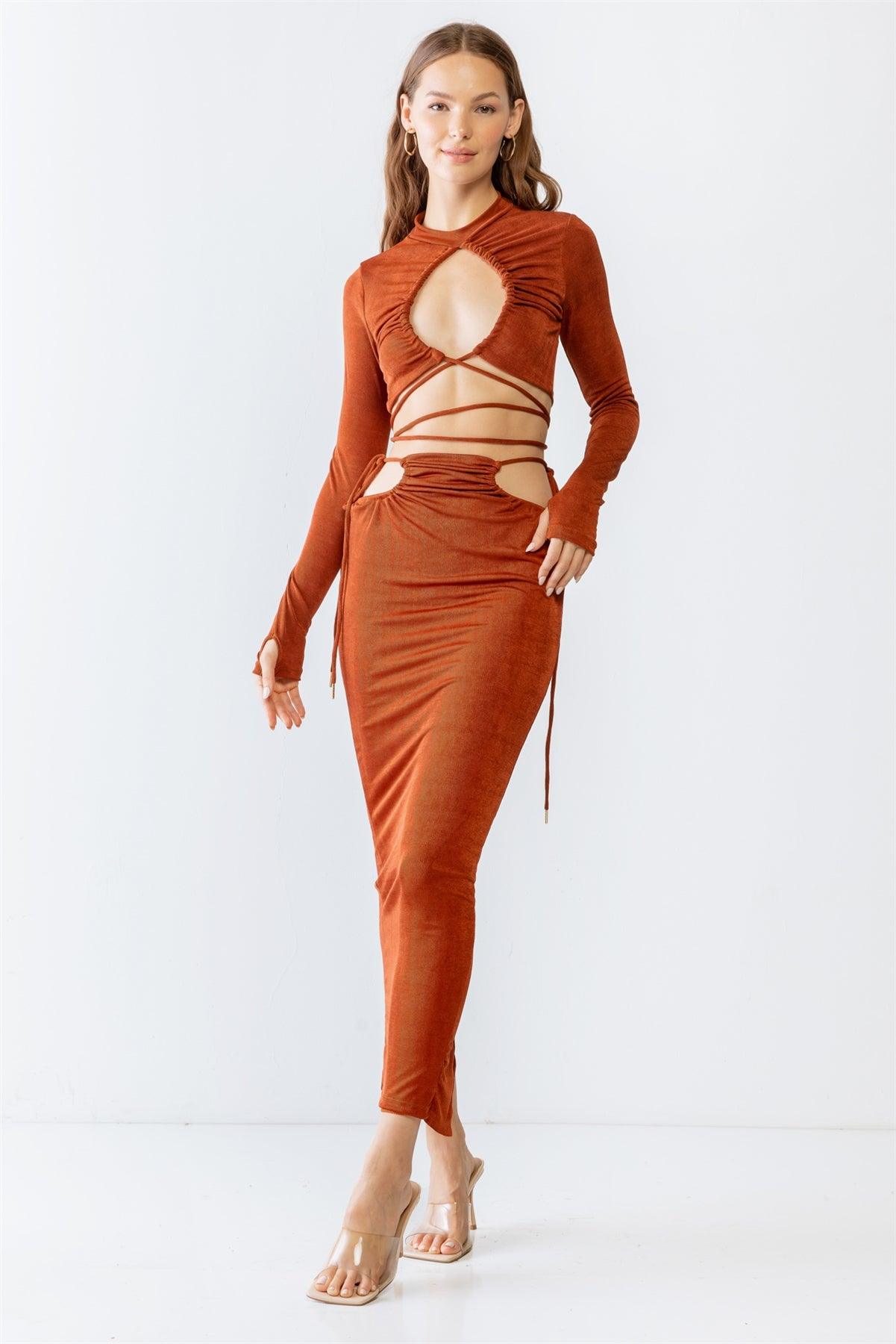 Rust Self-Tie Maxi Skirt & Long Sleeve Cut-Out Crop Top Set /4-2