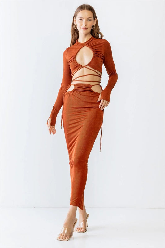 Rust Self-Tie Maxi Skirt & Long Sleeve Cut-Out Crop Top Set /4-2 - Tasha Apparel Wholesale