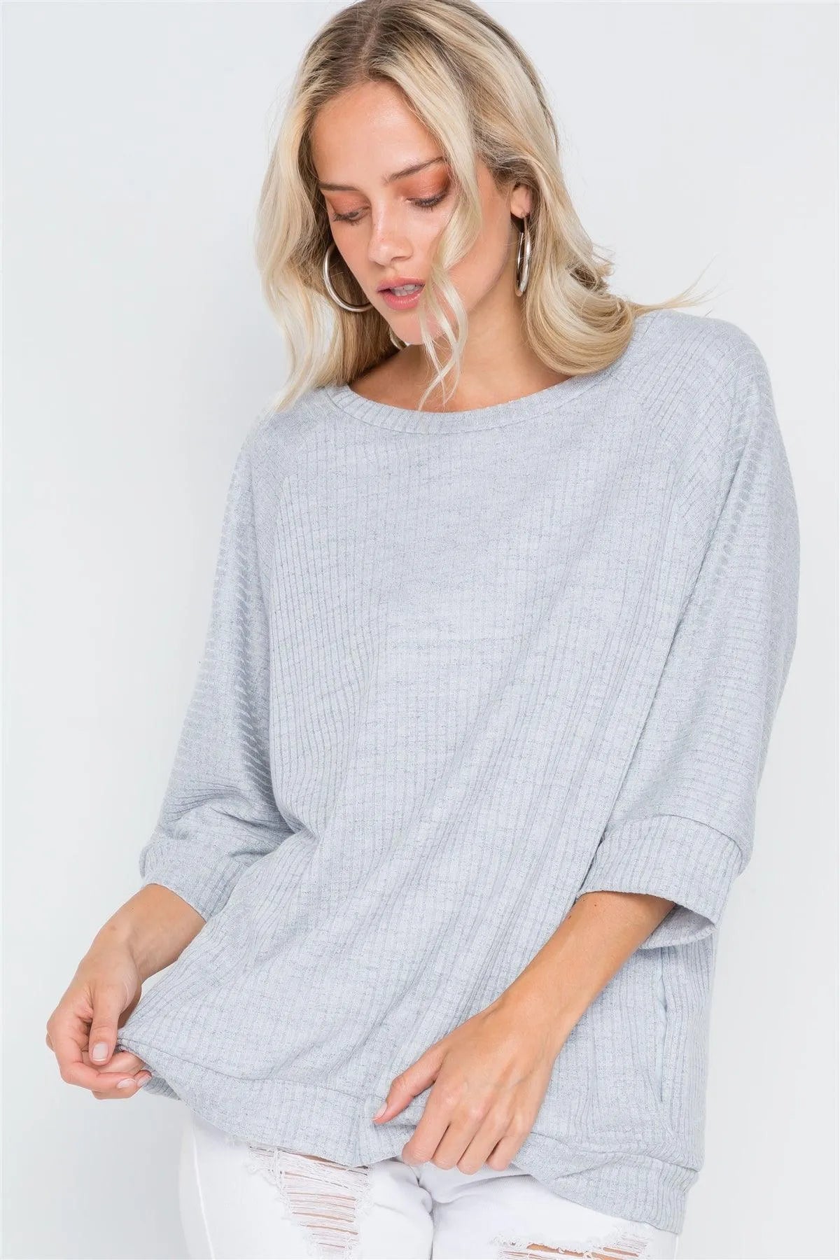 Light Blue Ribbed 3/4 Sleeve Loose Fit Knit Top /2-2-2 - Tasha Apparel Wholesale