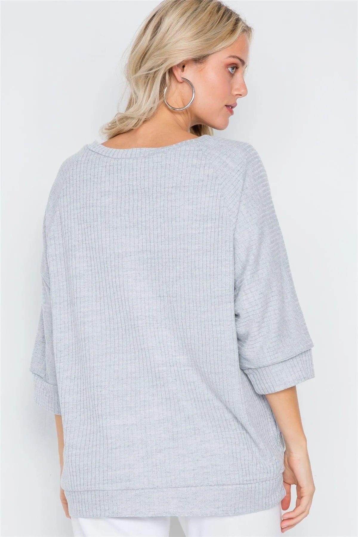 Light Blue Ribbed 3/4 Sleeve Loose Fit Knit Top /2-2-2 - Tasha Apparel Wholesale