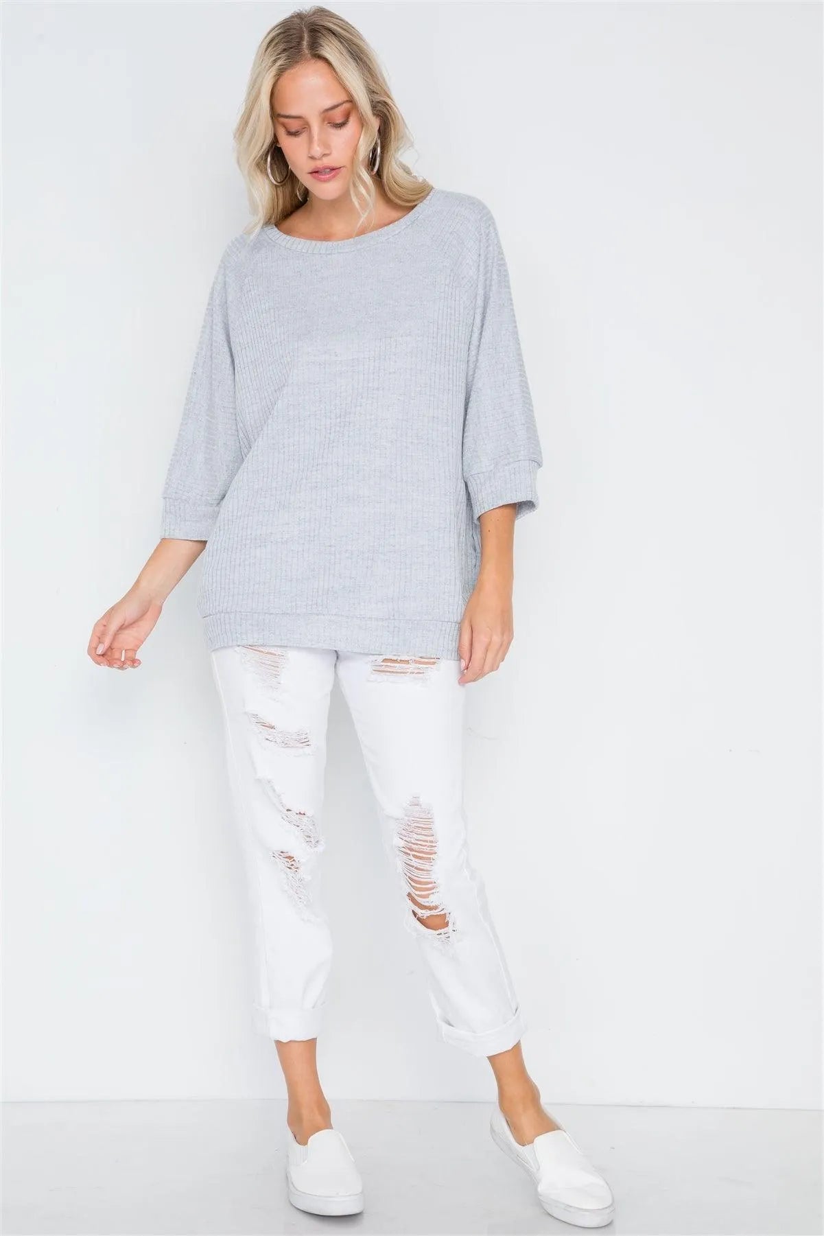 Light Blue Ribbed 3/4 Sleeve Loose Fit Knit Top /2-2-2 - Tasha Apparel Wholesale