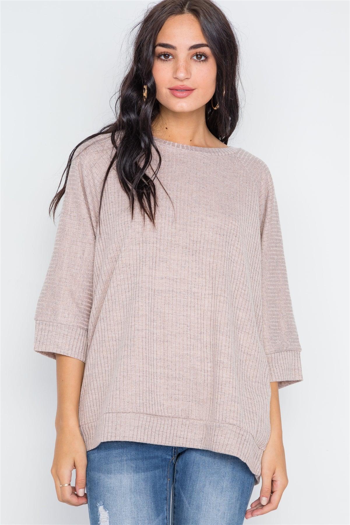 Taupe Ribbed 3/4 Sleeve Loose Fit Knit Top /2-2-2