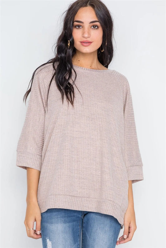 Taupe Ribbed 3/4 Sleeve Loose Fit Knit Top /2-2-2 - Tasha Apparel Wholesale