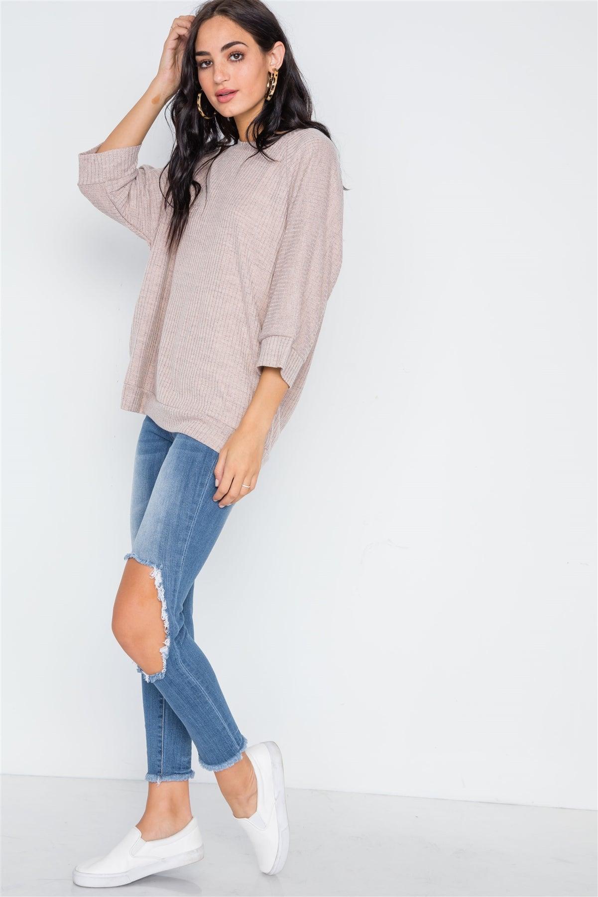 Taupe Ribbed 3/4 Sleeve Loose Fit Knit Top /2-2-2