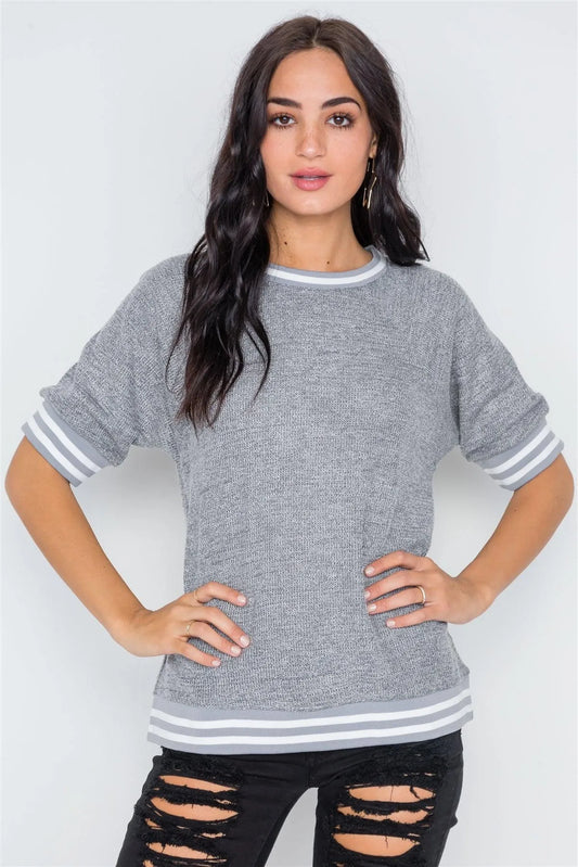 Charcoal Stripe Contrast Trim Crew Neck Top /2-2-2 - Tasha Apparel Wholesale