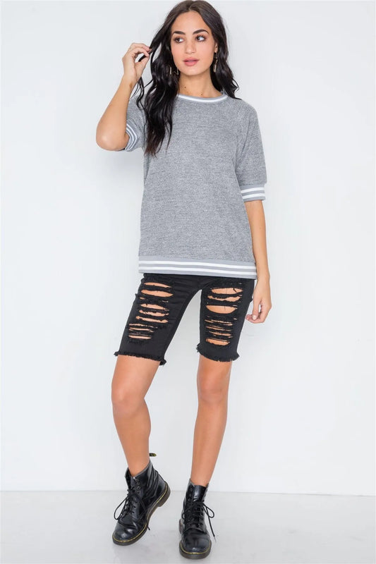 Charcoal Stripe Contrast Trim Crew Neck Top /2-2-3 - Tasha Apparel Wholesale