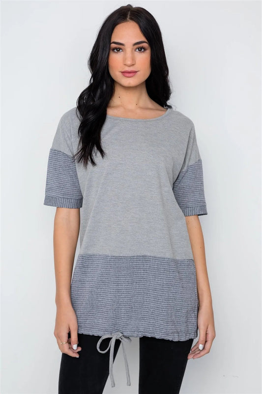 Grey Contrast Stripe Short Sleeve Top / 2-2-2 - Tasha Apparel Wholesale