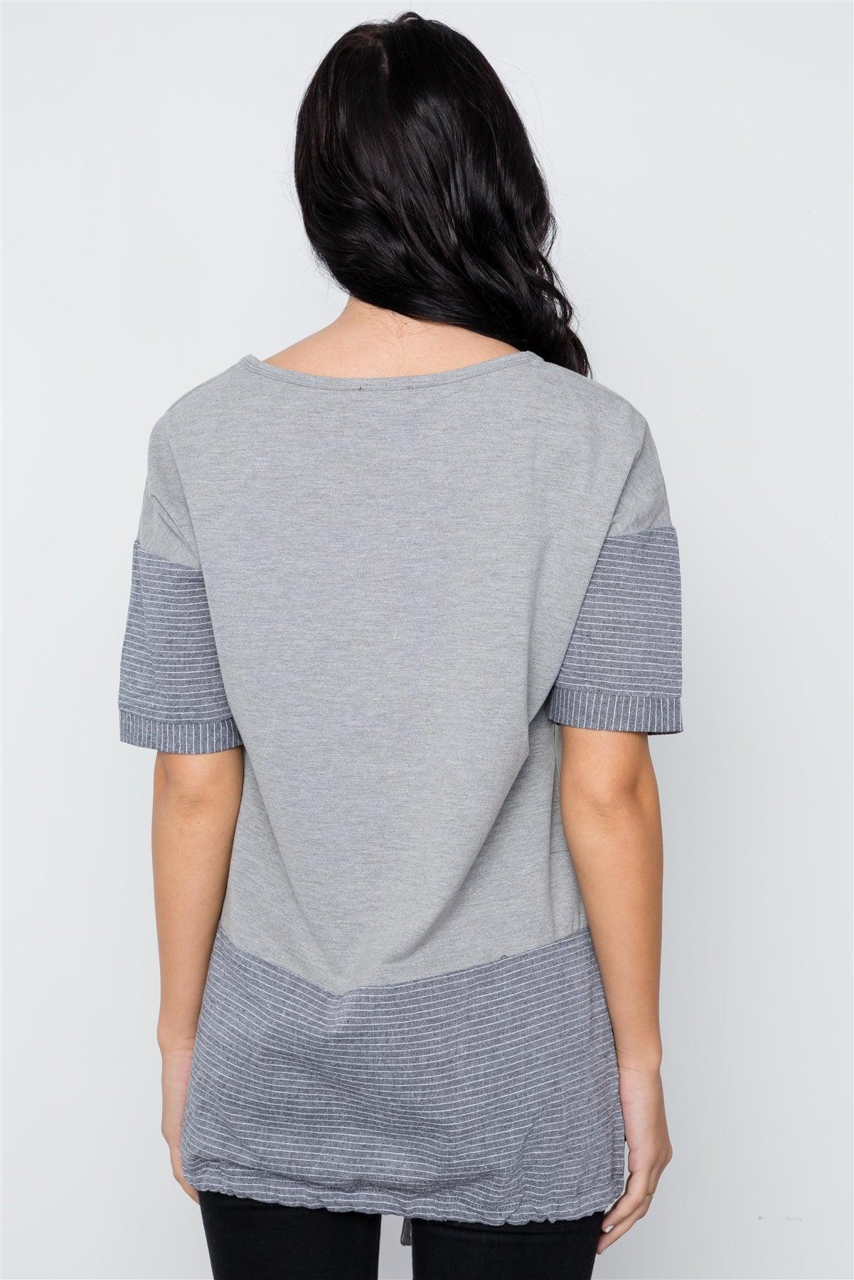 Grey Contrast Stripe Short Sleeve Top / 2-2-2
