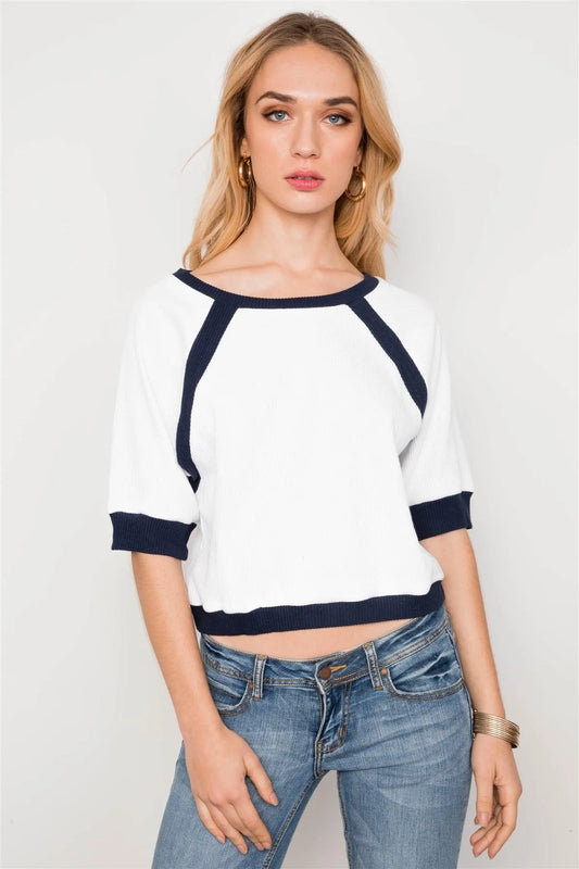 Ivory Navy Dolman Sleeve Ribbed Cropped Top /2-2-2 - Tasha Apparel Wholesale