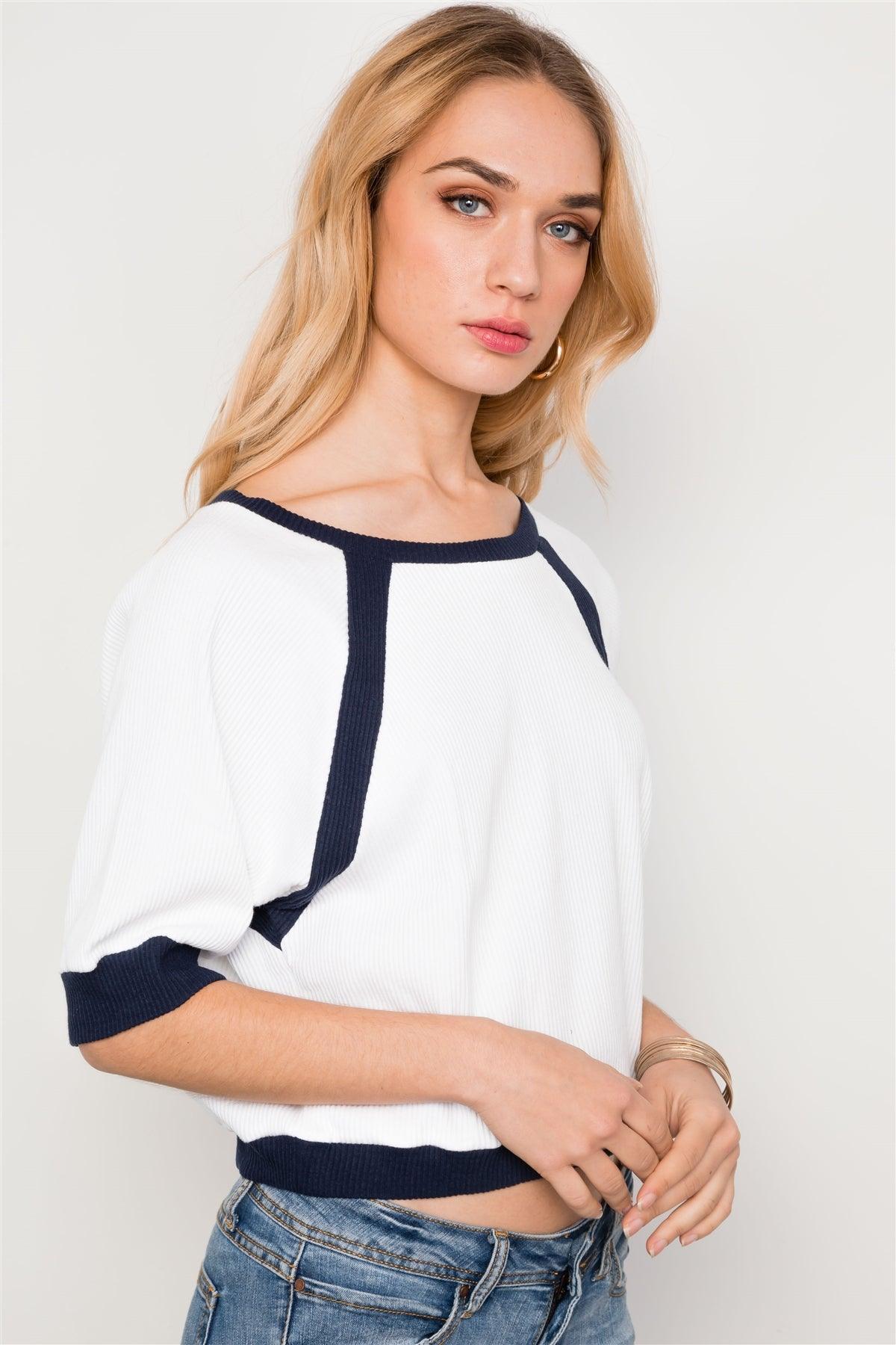 Ivory Navy Dolman Sleeve Ribbed Cropped Top /2-2-2