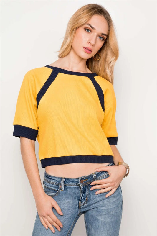 Mustard/Yellow Dolman Sleeve Ribbed Cropped Top /2-2-2 - Tasha Apparel Wholesale