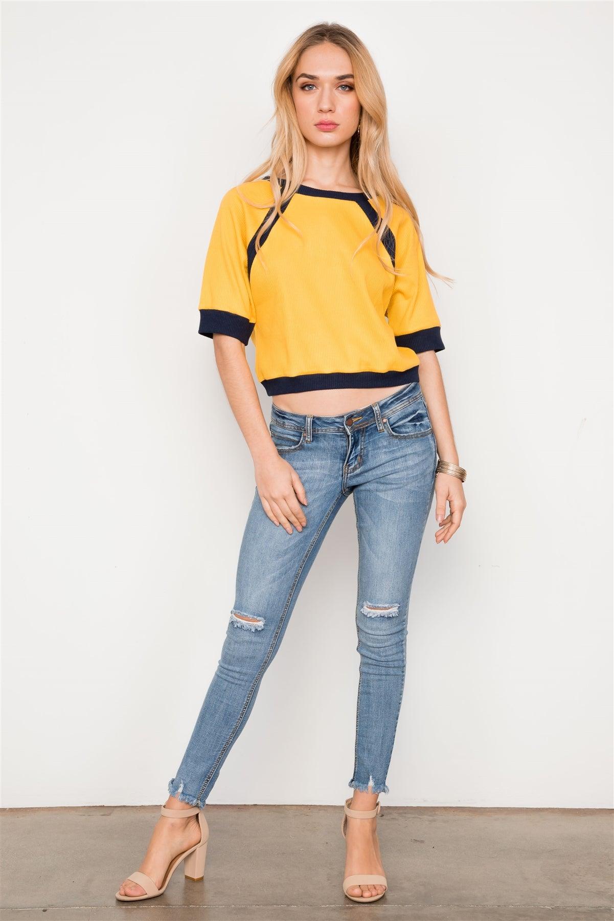 Mustard/Yellow Dolman Sleeve Ribbed Cropped Top /2-2-2