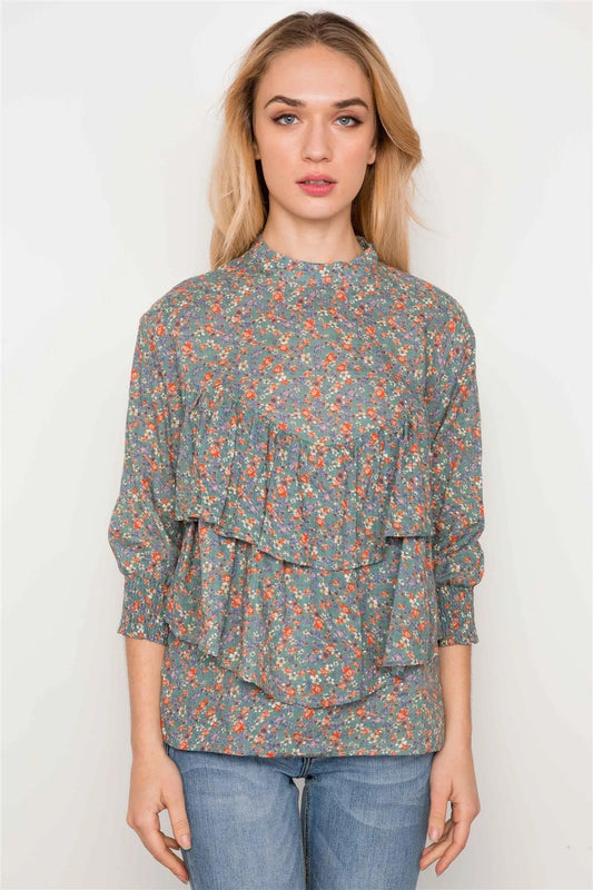 Sage Floral Print 3/4 Sleeves Flounce Boho Top /2-2-2 - Tasha Apparel Wholesale