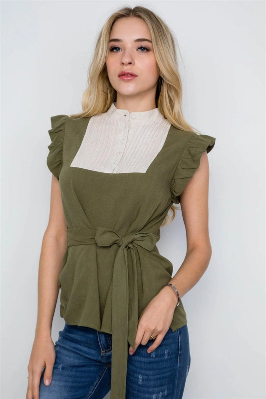 Olive Tie Front Ruffle Sleeve Boho Top /2-2-2 - Tasha Apparel Wholesale