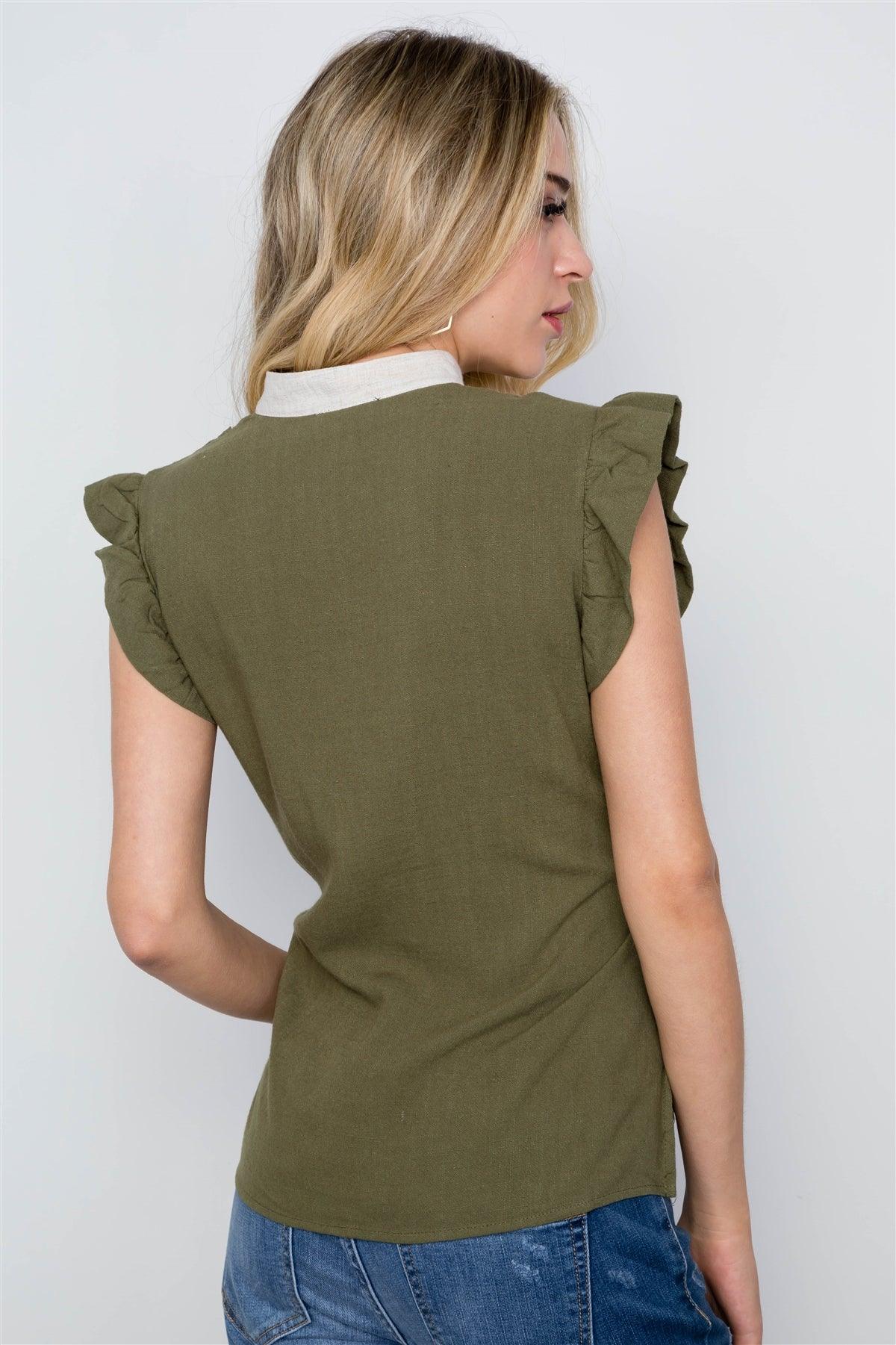 Olive Tie Front Ruffle Sleeve Boho Top /2-2-2