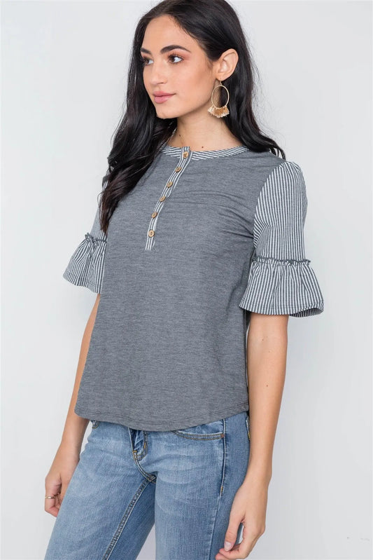 Charcoal Contrast Stripe Ruffle Sleeves Boho Top / 1-2-2 - Tasha Apparel Wholesale
