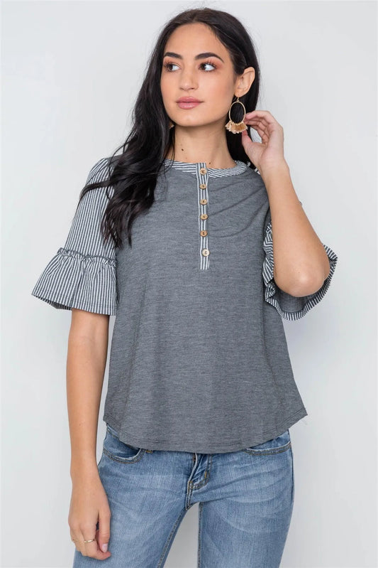 Charcoal Contrast Stripe Ruffle Sleeves Boho Top /2-2-2 - Tasha Apparel Wholesale