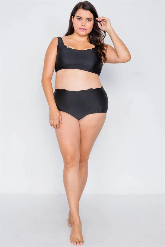 Plus Size Solid Black Scallop Hem Two Piece Bikini Set /2-1-1 - Tasha Apparel Wholesale