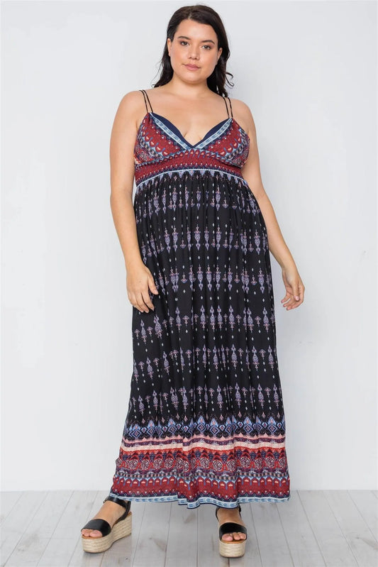Junior Plus Size Multi Black Paisley Print Maxi Boho Dress /2-2-2 - Tasha Apparel Wholesale