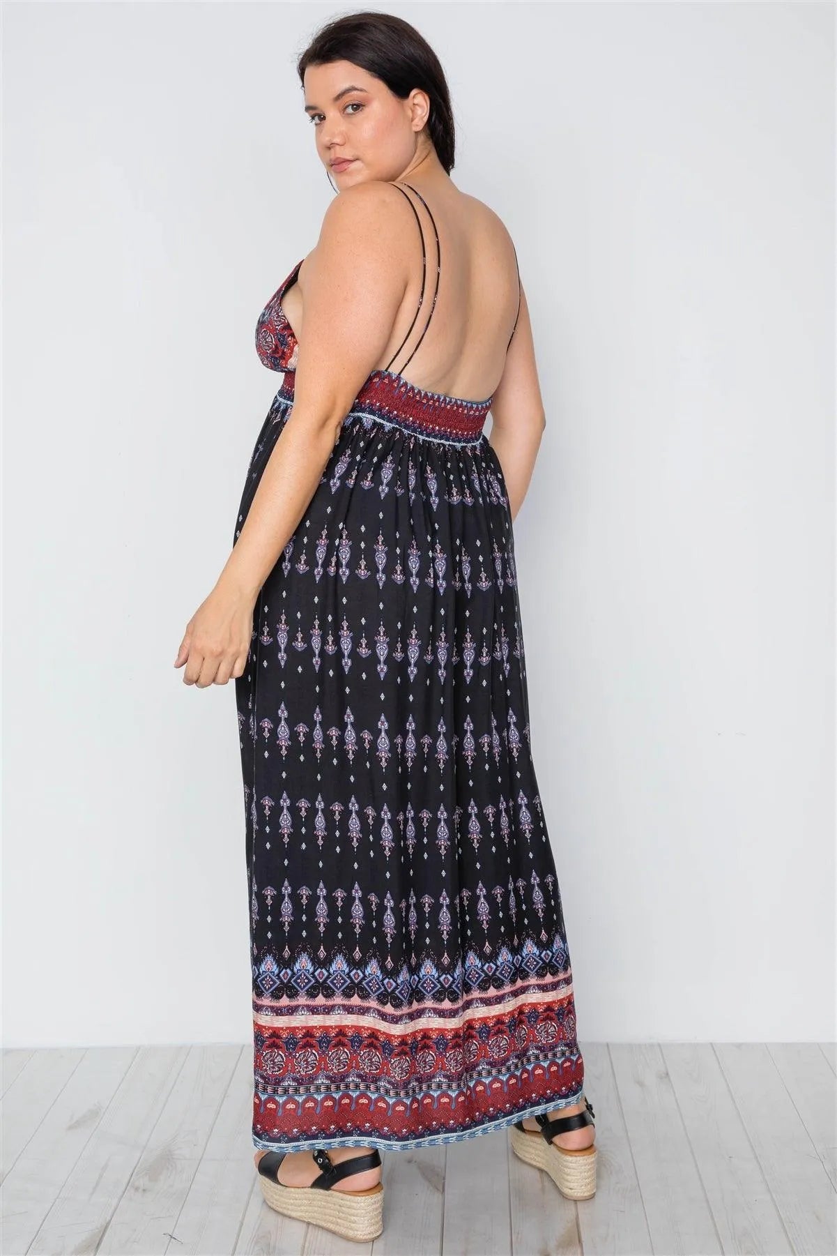 Junior Plus Size Multi Black Paisley Print Maxi Boho Dress /2-2-2 - Tasha Apparel Wholesale