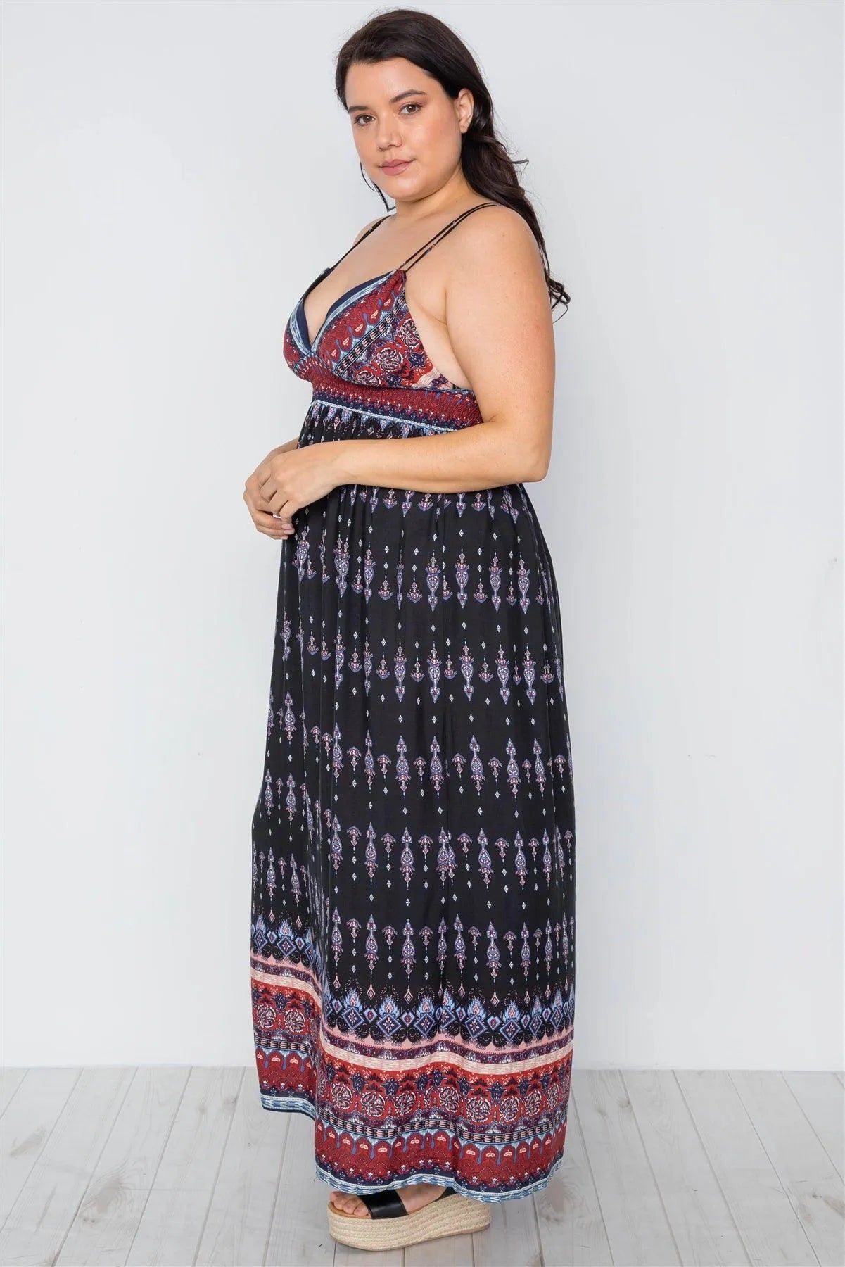 Junior Plus Size Multi Black Paisley Print Maxi Boho Dress /2-2-2 - Tasha Apparel Wholesale