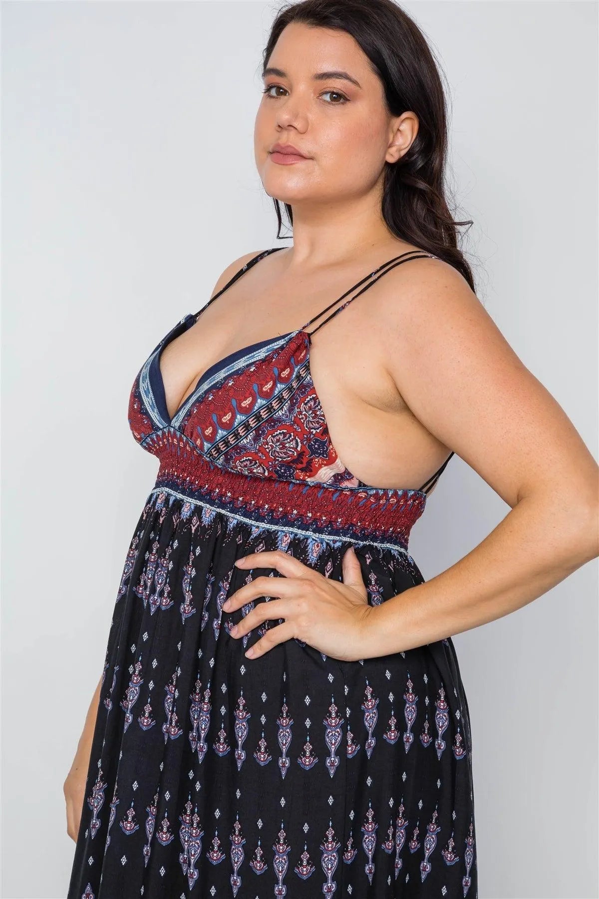 Junior Plus Size Multi Black Paisley Print Maxi Boho Dress /2-2-2 - Tasha Apparel Wholesale