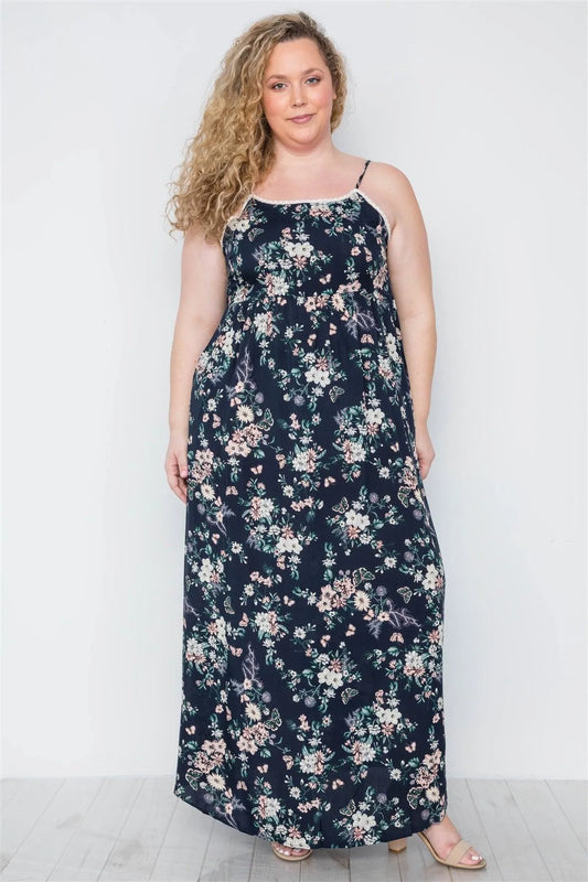Junior Plus Size Multi Navy Crochet Trim Floral Cami Maxi Dress / 2-2-2 - Tasha Apparel Wholesale